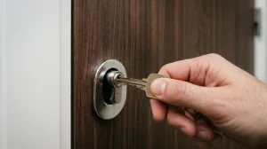 Primer plano de una mano intentando introducir una llave en la cerradura de una puerta residencial completamente cerrada desde el exterior.