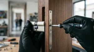 Especialista de Cerrajería Gramar comprobando las medidas de un bombín de seguridad en una puerta blindada.