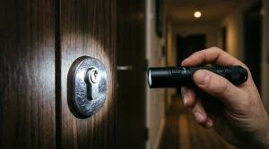 Primer plano de una mano con linterna examinando de cerca la cerradura de una puerta de madera completamente cerrada en busca de marcas de manipulación.