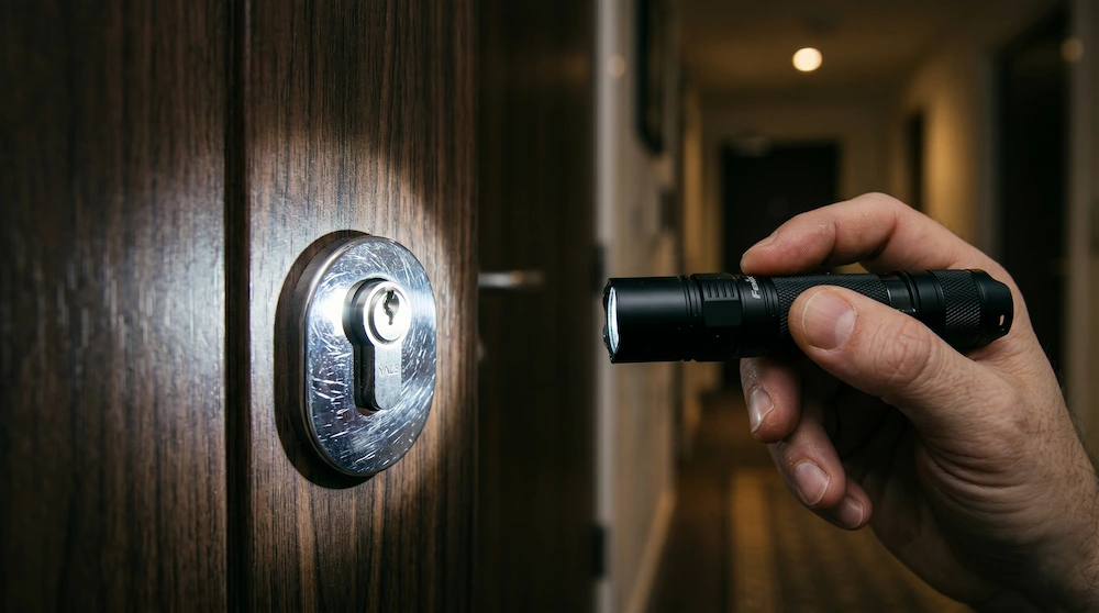 Primer plano de una mano con linterna examinando de cerca la cerradura de una puerta de madera completamente cerrada en busca de marcas de manipulación.