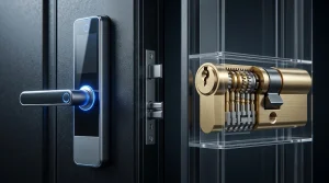 Cerradura inteligente con luz LED azul junto a una sección transparente que muestra el interior de un bombín de doble embrague de alta seguridad de latón.