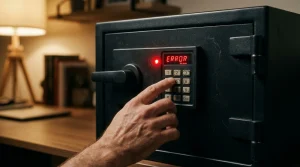 Persona frustrada intentando abrir una caja fuerte electrónica bloqueada en casa