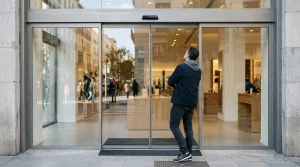 Puerta automática de cristal de un local comercial que no responde ni se abre