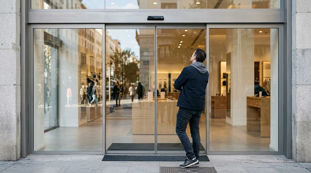 Puerta automática de cristal de un local comercial que no responde ni se abre