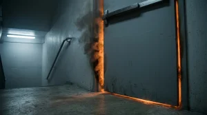 Puerta cortafuegos conteniendo el fuego y el humo de un incendio en un edificio